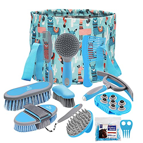 Harrison Howard Horse Grooming Kit 11-Piece Equine Care Series Horse Brush Sets with Organizer Tote Bag Tack Room Supplies Shedding Grooming Massaging Tools-Light Blue