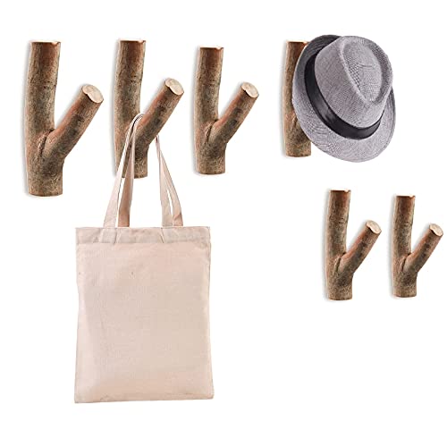 DEAYOU 6 Pack Wood Wall Hooks, Tree Branch Real Wooden Hooks for Hanging, Adhesive Farmhouse Rustic Hat Coat Hooks Wall Stickers for Towels, Bags, Scarves, Keys, Decoration (Width 0.8"-1.2")