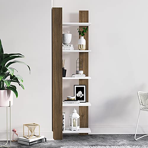 Corner Bookshelf 5 Tier Wooden Bookcase Storage Shelves Modern Living Room Decor Display Rack for Home Office Bedroom Bathroom, 63 inch, Reeta, Walnut&White