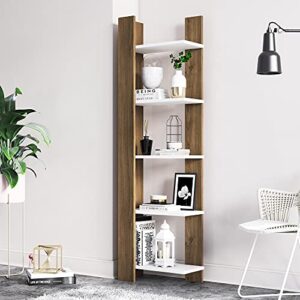 Corner Bookshelf 5 Tier Wooden Bookcase Storage Shelves Modern Living Room Decor Display Rack for Home Office Bedroom Bathroom, 63 inch, Reeta, Walnut&White