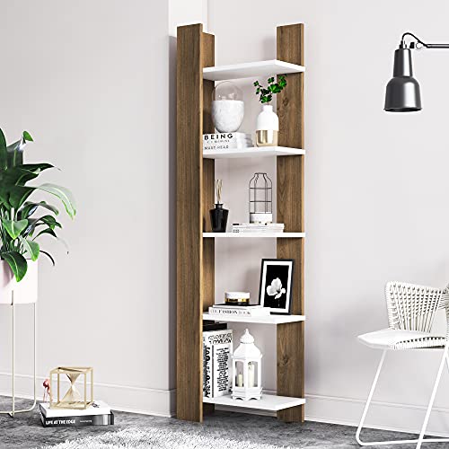 Corner Bookshelf 5 Tier Wooden Bookcase Storage Shelves Modern Living Room Decor Display Rack for Home Office Bedroom Bathroom, 63 inch, Reeta, Walnut&White