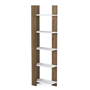 Corner Bookshelf 5 Tier Wooden Bookcase Storage Shelves Modern Living Room Decor Display Rack for Home Office Bedroom Bathroom, 63 inch, Reeta, Walnut&White