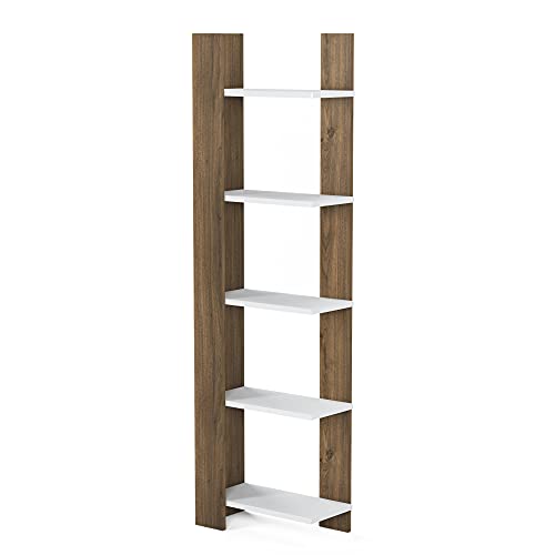 Corner Bookshelf 5 Tier Wooden Bookcase Storage Shelves Modern Living Room Decor Display Rack for Home Office Bedroom Bathroom, 63 inch, Reeta, Walnut&White