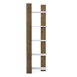 Corner Bookshelf 5 Tier Wooden Bookcase Storage Shelves Modern Living Room Decor Display Rack for Home Office Bedroom Bathroom, 63 inch, Reeta, Walnut&White