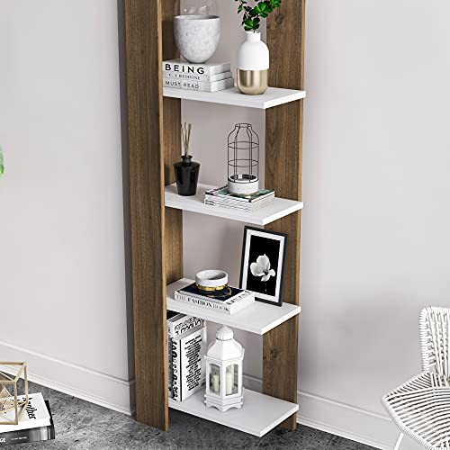 Corner Bookshelf 5 Tier Wooden Bookcase Storage Shelves Modern Living Room Decor Display Rack for Home Office Bedroom Bathroom, 63 inch, Reeta, Walnut&White