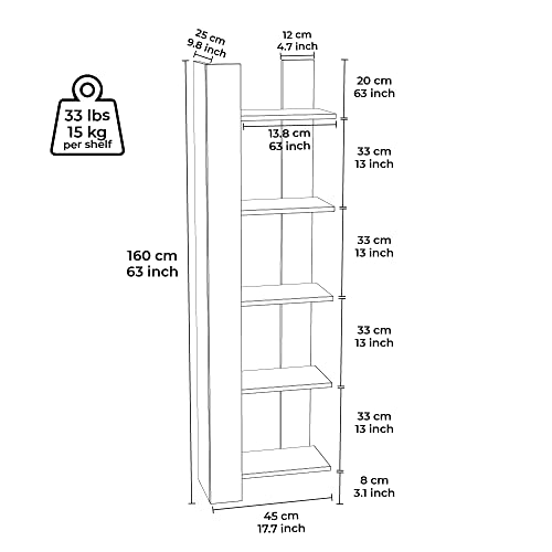 Corner Bookshelf 5 Tier Wooden Bookcase Storage Shelves Modern Living Room Decor Display Rack for Home Office Bedroom Bathroom, 63 inch, Reeta, Walnut&White