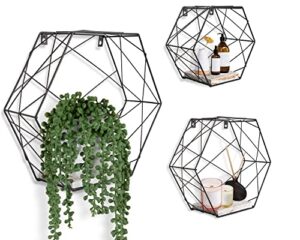 comfify industrial wall mounted honeycomb floating shelves set of 3 decorative hexagon metal wire shelves – large, medium and small - modern shelves for home, office and more - rustic white