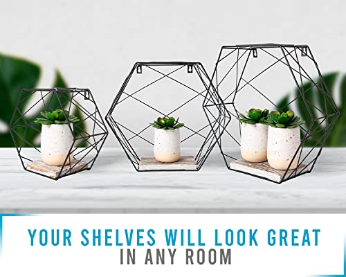 Comfify Industrial Wall Mounted Honeycomb Floating Shelves Set of 3 Decorative Hexagon Metal Wire Shelves – Large, Medium and Small - Modern Shelves for Home, Office and More - Rustic White