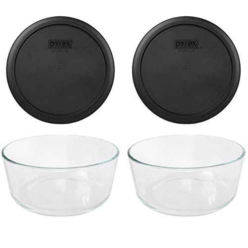 Pyrex (2 7203 Glass Bowls & (2) 7402-PC Black Lids