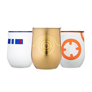 corkcicle star wars droids stainless steel stemless wine cups with lid, keeps beverages chilled for 9 hours, 12 oz, pack of 3