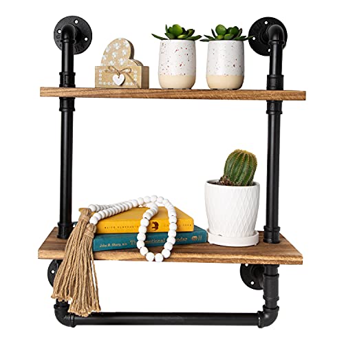 Industrial Bathroom Shelf w/Pipe Towel Bar – Farmhouse Towel Rack Made of Paulownia Wood and Cast Iron, Pipe Rack in Black Matte – Wall Mount Hand Towel Holder for Rustic Décor w/ 2-Tier Shelf