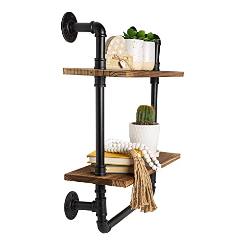 Industrial Bathroom Shelf w/Pipe Towel Bar – Farmhouse Towel Rack Made of Paulownia Wood and Cast Iron, Pipe Rack in Black Matte – Wall Mount Hand Towel Holder for Rustic Décor w/ 2-Tier Shelf