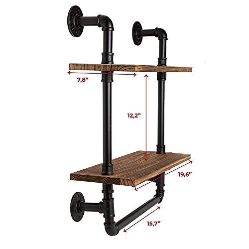 Industrial Bathroom Shelf w/Pipe Towel Bar – Farmhouse Towel Rack Made of Paulownia Wood and Cast Iron, Pipe Rack in Black Matte – Wall Mount Hand Towel Holder for Rustic Décor w/ 2-Tier Shelf