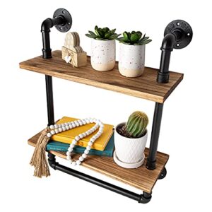 Industrial Bathroom Shelf w/Pipe Towel Bar – Farmhouse Towel Rack Made of Paulownia Wood and Cast Iron, Pipe Rack in Black Matte – Wall Mount Hand Towel Holder for Rustic Décor w/ 2-Tier Shelf