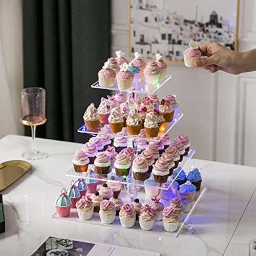 BLBYHO 4 Tier Acrylic Cupcake Tower Stand, Clear Square Dessert Treat Display, Cake and Cupcake Stand Set, Candy Bar Party Décor, Bases Para Cupcakes for Birthday Wedding Party…