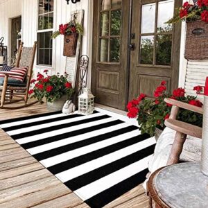 black and white striped rug outdoor reversible mat 35.4'' x 59'' front door mat hand-woven cotton indoor/outdoor for layered door mats,welcome door mat, front porch,farmhouse,kitchen,entry way
