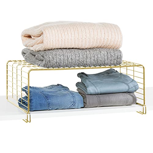 mDesign Modern Versatile Metal Closet, Cabinet Organizer Storage 2-Tier Shelf Divider, Separator for Bedrooms, Bathrooms, Entryways, Hallways, Kitchen Pantry, Office, Easy Install, 4 Pack - Soft Brass