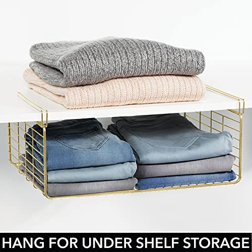 mDesign Modern Versatile Metal Closet, Cabinet Organizer Storage 2-Tier Shelf Divider, Separator for Bedrooms, Bathrooms, Entryways, Hallways, Kitchen Pantry, Office, Easy Install, 4 Pack - Soft Brass