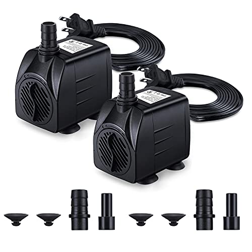 CWKJ Fountain Pump, 2 Packs 160GPH(10W 600L/H) Submersible Water Pump, Durable Outdoor Fountain Water Pump with 7.2ft（2.2m）Power Cord, 3 Nozzles for Aquarium, Pond, Fish Tank, Water Fountain Pump