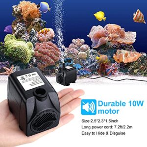 CWKJ Fountain Pump, 2 Packs 160GPH(10W 600L/H) Submersible Water Pump, Durable Outdoor Fountain Water Pump with 7.2ft（2.2m）Power Cord, 3 Nozzles for Aquarium, Pond, Fish Tank, Water Fountain Pump