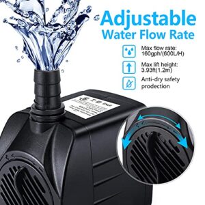 CWKJ Fountain Pump, 2 Packs 160GPH(10W 600L/H) Submersible Water Pump, Durable Outdoor Fountain Water Pump with 7.2ft（2.2m）Power Cord, 3 Nozzles for Aquarium, Pond, Fish Tank, Water Fountain Pump