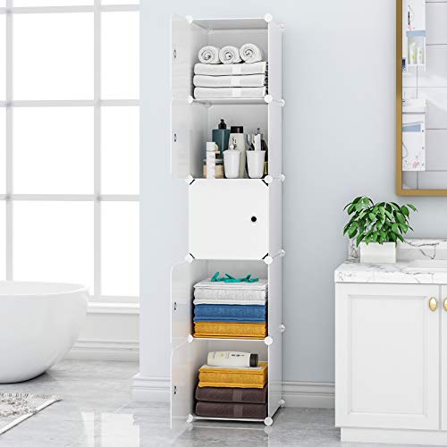 Aeitc Cube Organizer 5-Cube (11.8inx11.8in) Narrow Cabinet Closet Storage Shelves Plastic Storage Shelving for Bedroom, Living Room, Office, White with Doors