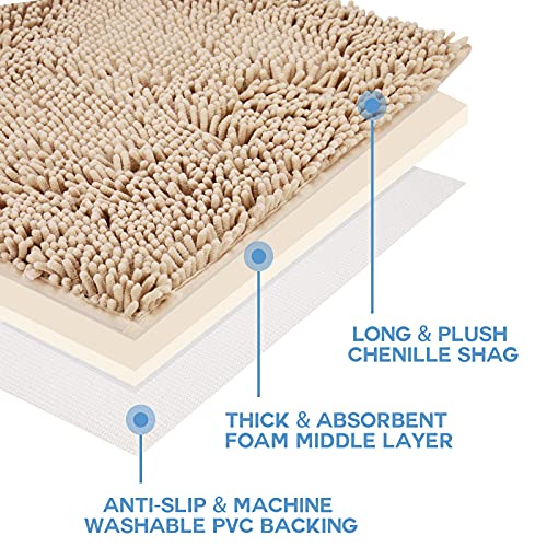 EGYPHY Bathroom Rugs Chenille Bath Mat Extra Soft and Absorbent Bath Rugs Non-Slip Shaggy Mats for Shower, Bathtub, Kitchen, Machine Washable Rug Pad Plush Microfiber Carpet 17x24 Inches Camel
