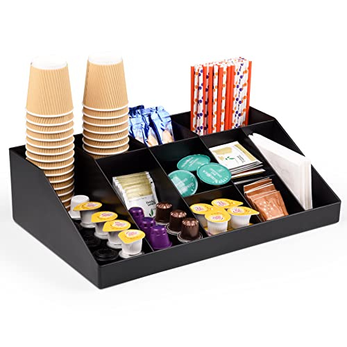 SZQINJI Coffee Condiment Organizer Holder 10-Compartment Break Room Coffee Condiment Caddy Cup Storage Holder Black