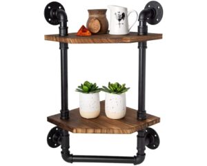 bathroom corner shelf w/ pipe towel bar – farmhouse towel rack made of paulownia wood and cast iron, pipe rack in black matte – hand towel holder for rustic décor w/ 2-tier shelf - rustic brown