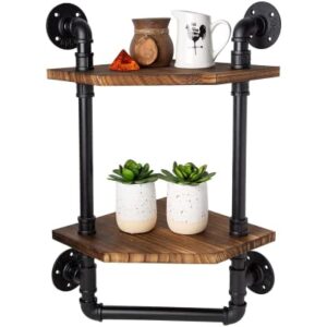 Bathroom Corner Shelf w/ Pipe Towel Bar – Farmhouse Towel Rack Made of Paulownia Wood and Cast Iron, Pipe Rack in Black Matte – Hand Towel Holder for Rustic Décor w/ 2-Tier Shelf - Rustic Brown