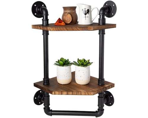 Bathroom Corner Shelf w/ Pipe Towel Bar – Farmhouse Towel Rack Made of Paulownia Wood and Cast Iron, Pipe Rack in Black Matte – Hand Towel Holder for Rustic Décor w/ 2-Tier Shelf - Rustic Brown