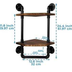 Bathroom Corner Shelf w/ Pipe Towel Bar – Farmhouse Towel Rack Made of Paulownia Wood and Cast Iron, Pipe Rack in Black Matte – Hand Towel Holder for Rustic Décor w/ 2-Tier Shelf - Rustic Brown