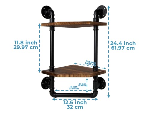 Bathroom Corner Shelf w/ Pipe Towel Bar – Farmhouse Towel Rack Made of Paulownia Wood and Cast Iron, Pipe Rack in Black Matte – Hand Towel Holder for Rustic Décor w/ 2-Tier Shelf - Rustic Brown