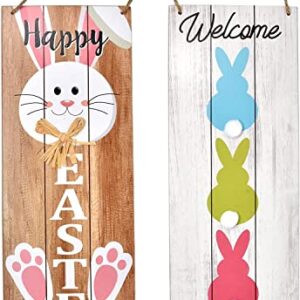 Spring Easter Welcome Sign Set of 2 for Front Door Wall Signs Hanging Wood Double Sided Spring and Happy Easter Farmhouse Indoor Outdoor Rustic Decoration Porch & Yard Party Supplies Decor 17"x 6"