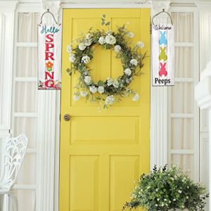 Spring Easter Welcome Sign Set of 2 for Front Door Wall Signs Hanging Wood Double Sided Spring and Happy Easter Farmhouse Indoor Outdoor Rustic Decoration Porch & Yard Party Supplies Decor 17"x 6"