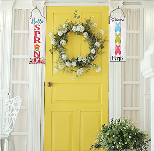 Spring Easter Welcome Sign Set of 2 for Front Door Wall Signs Hanging Wood Double Sided Spring and Happy Easter Farmhouse Indoor Outdoor Rustic Decoration Porch & Yard Party Supplies Decor 17"x 6"