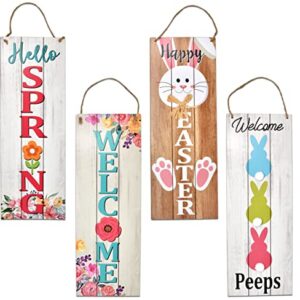 Spring Easter Welcome Sign Set of 2 for Front Door Wall Signs Hanging Wood Double Sided Spring and Happy Easter Farmhouse Indoor Outdoor Rustic Decoration Porch & Yard Party Supplies Decor 17"x 6"