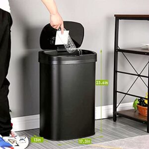 HHS Stainless Steel Kitchen Trash Can Bathroom Bedroom Office Waste Bin with Lid Automatic Sensor Touch Free Garbage Can 13 Gallon 50L, (Black), 11.37 x 16.1 x 25.31 inches (1350R)