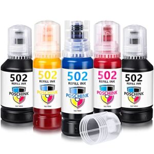 poschink 502 t502 ink bottles ecotank refill for et-2760 et-2850 et-4760 et-3760 et-2750 et-3750 et-15000 st-2000 et-4750 st-4000 et-3850 et-3710 et-4850 et-3830 st-3000 et-3700 printers, 5 combo pack