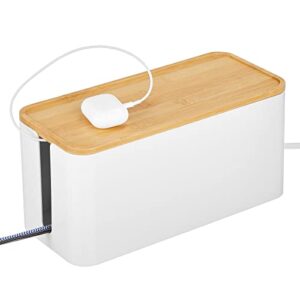 mdesign cable management box - storage organizer for power strips, cords, surge protectors - hide loose wires in home office, desks, entertainment centers - small, white/natural bamboo lid