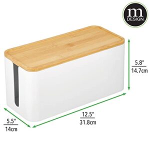 mDesign Cable Management Box - Storage Organizer for Power Strips, Cords, Surge Protectors - Hide Loose Wires in Home Office, Desks, Entertainment Centers - Small, White/Natural Bamboo Lid