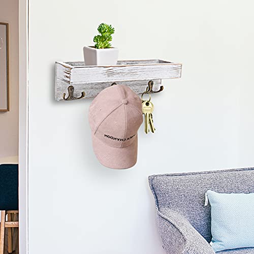 Entryway Floating Shelf Wall Mounted, Wood Key Holder Decorative, Rustic Mail and Wallet Organizer with Vintage Hooks, Small Wooden Hanger for Hanging Coat and Leash (White,3 Hooks)