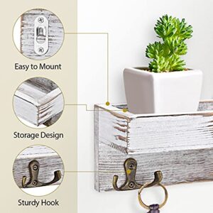 Entryway Floating Shelf Wall Mounted, Wood Key Holder Decorative, Rustic Mail and Wallet Organizer with Vintage Hooks, Small Wooden Hanger for Hanging Coat and Leash (White,3 Hooks)