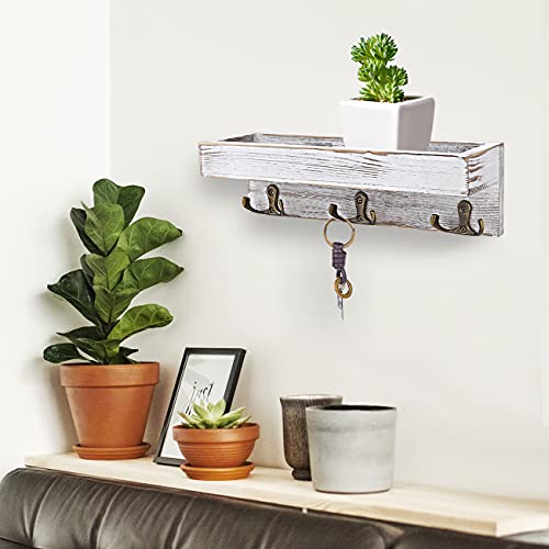 Entryway Floating Shelf Wall Mounted, Wood Key Holder Decorative, Rustic Mail and Wallet Organizer with Vintage Hooks, Small Wooden Hanger for Hanging Coat and Leash (White,3 Hooks)