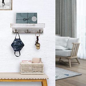 Entryway Floating Shelf Wall Mounted, Wood Key Holder Decorative, Rustic Mail and Wallet Organizer with Vintage Hooks, Small Wooden Hanger for Hanging Coat and Leash (White,3 Hooks)