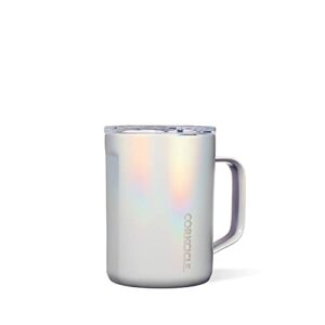 corkcicle 16 ounce coffee mug triple insulated stainless steel cup with clear lid and silicone bottom for hot drinks, prismatic