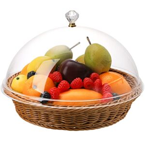 youeon imitation rattan bread basket with acrylic dome cover, 12 inch round woven fruit basket handmade poly food serving basket for bread, snacks, vegetable, food