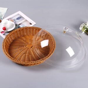 YOUEON Imitation Rattan Bread Basket with Acrylic Dome Cover, 12 Inch Round Woven Fruit Basket Handmade Poly Food Serving Basket for Bread, Snacks, Vegetable, Food