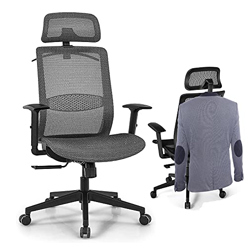 Giantex Ergonomic Office Chair, Mesh Desk Chair Back Support with Adjustable Headrest, High Back Executive Chair Comfortable Swivel Rolling Computer Task Chair with Clothes Hanger for Adults (Grey)