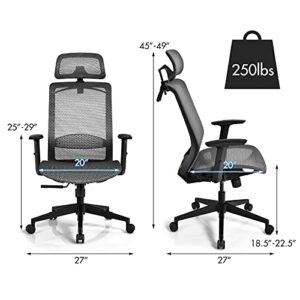 Giantex Ergonomic Office Chair, Mesh Desk Chair Back Support with Adjustable Headrest, High Back Executive Chair Comfortable Swivel Rolling Computer Task Chair with Clothes Hanger for Adults (Grey)